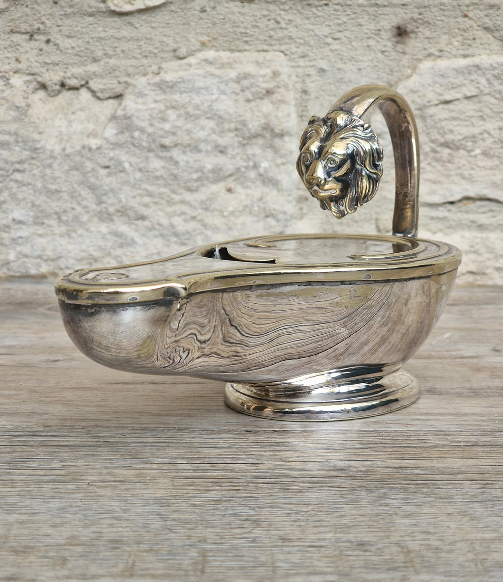Antique Victorian Silver Plated Spoon Warmer Brass Oil Lamp Style Lion Mask Handle