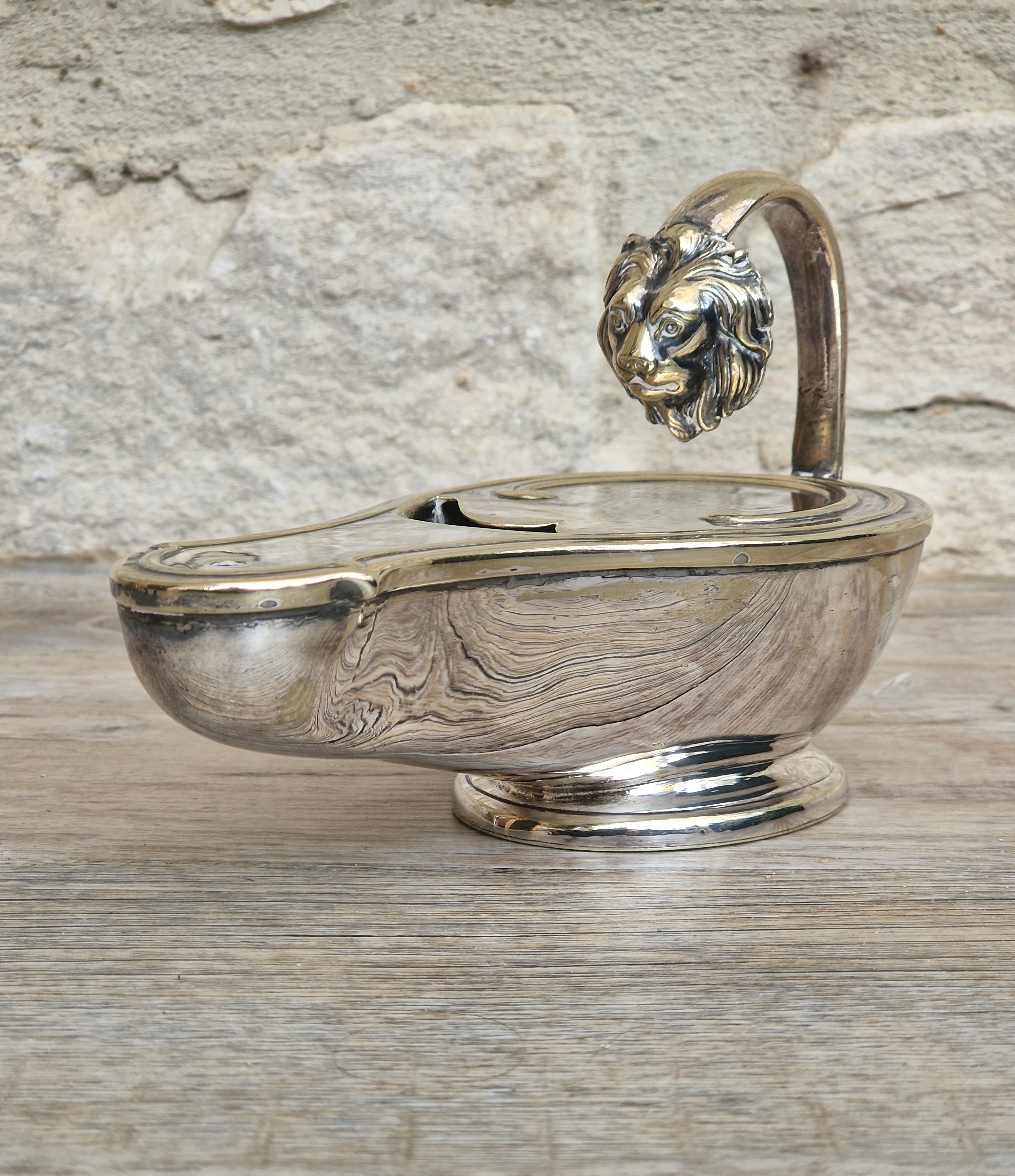 Antique Victorian Silver Plated Spoon Warmer Brass Oil Lamp Style Lion Mask Handle