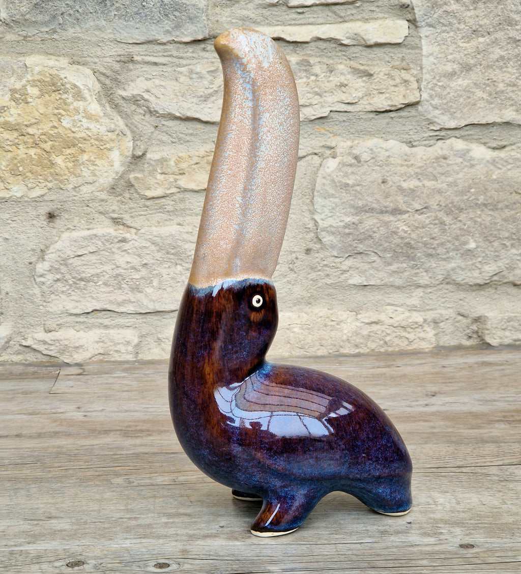 Rare 27cm Vintage Mid Century Ceramic Toucan Sculpture Mottled Treacle Blue Purple Art Pottery Bird