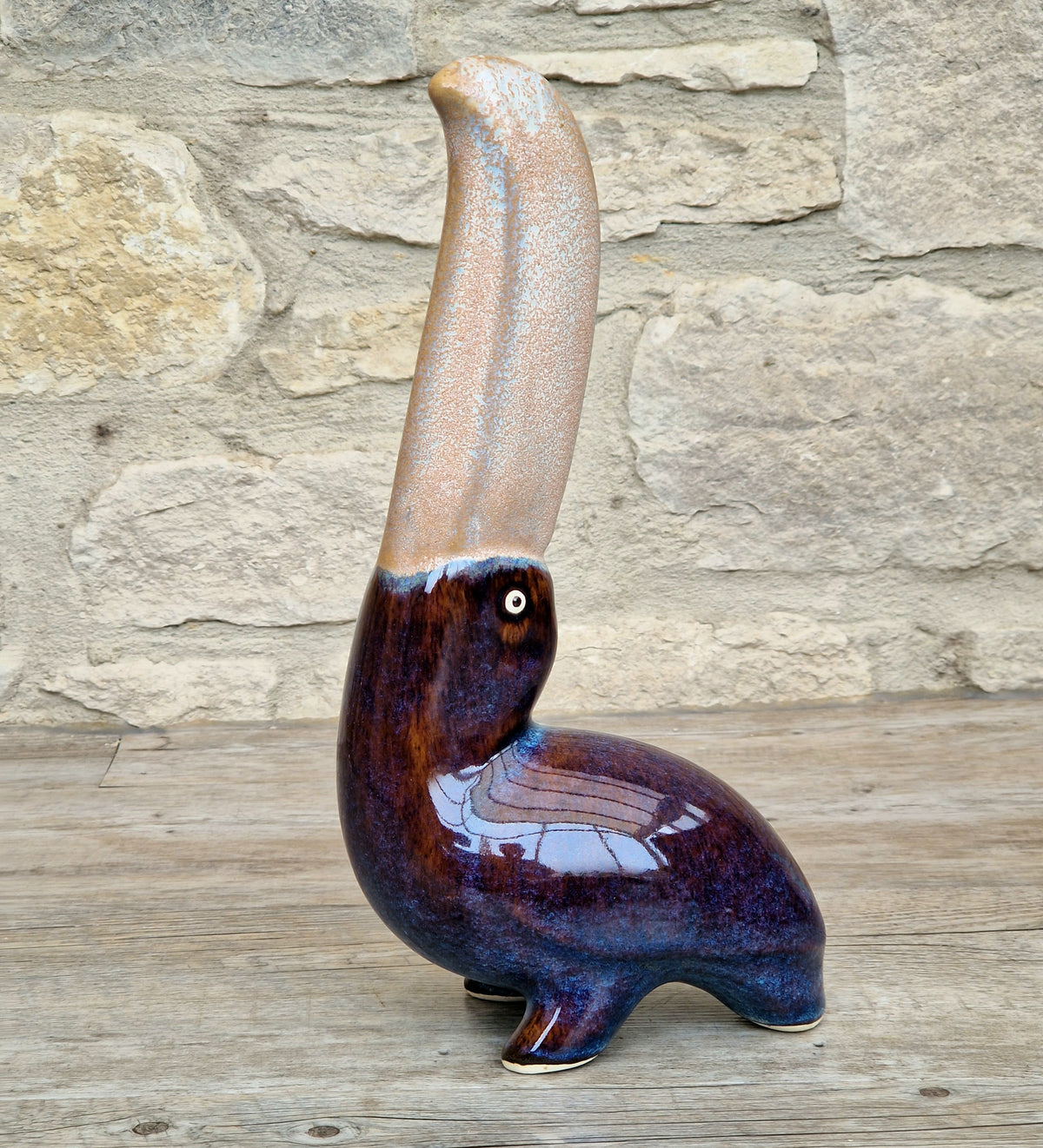 Rare 27cm Vintage Mid Century Ceramic Toucan Sculpture Mottled Treacle Blue Purple Art Pottery Bird