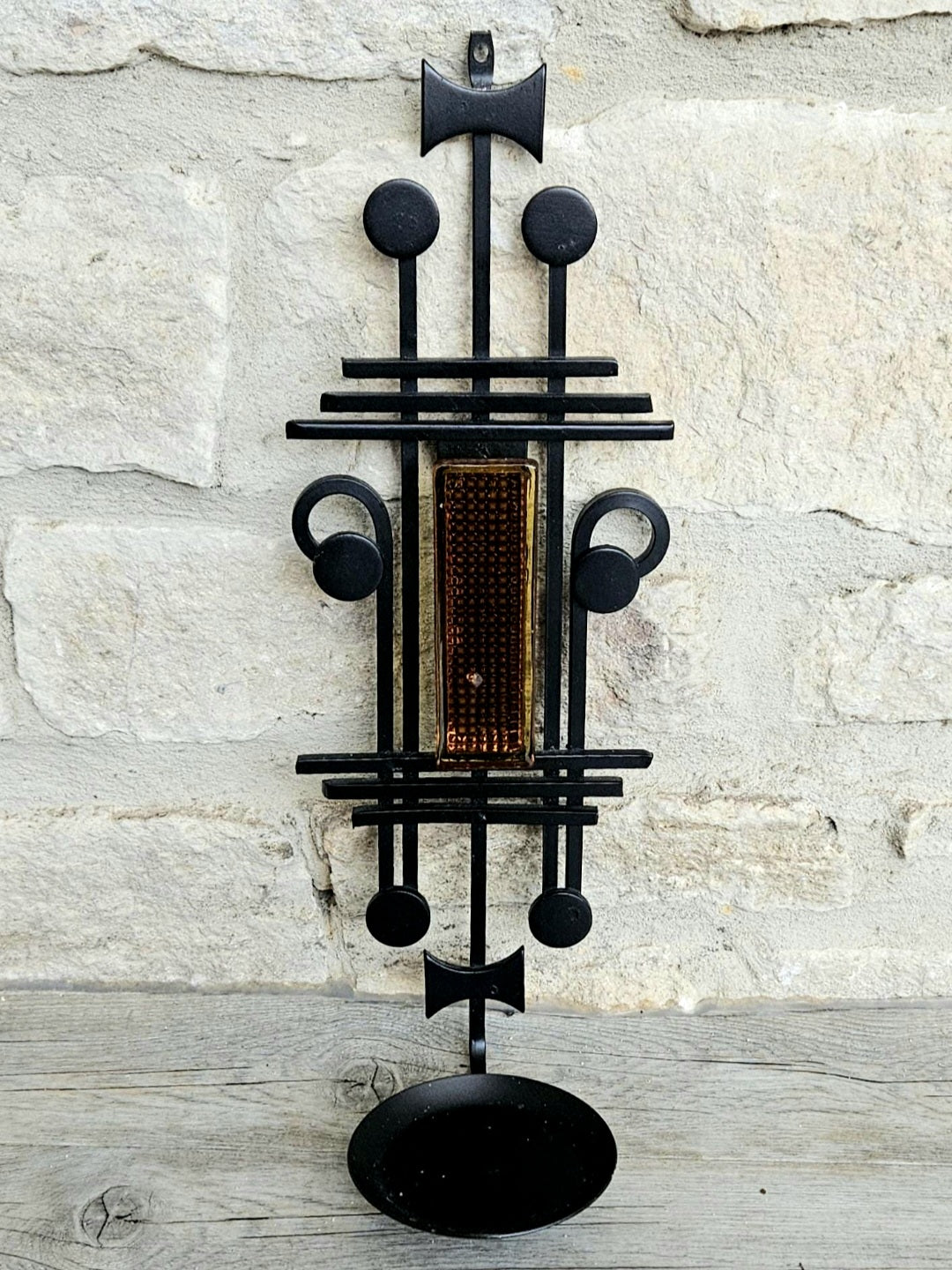 Midcentury Gothic Danish Iron & Orange Glass Candle Sconce Dantoft Denmark, Wall Mount Vintage Decor