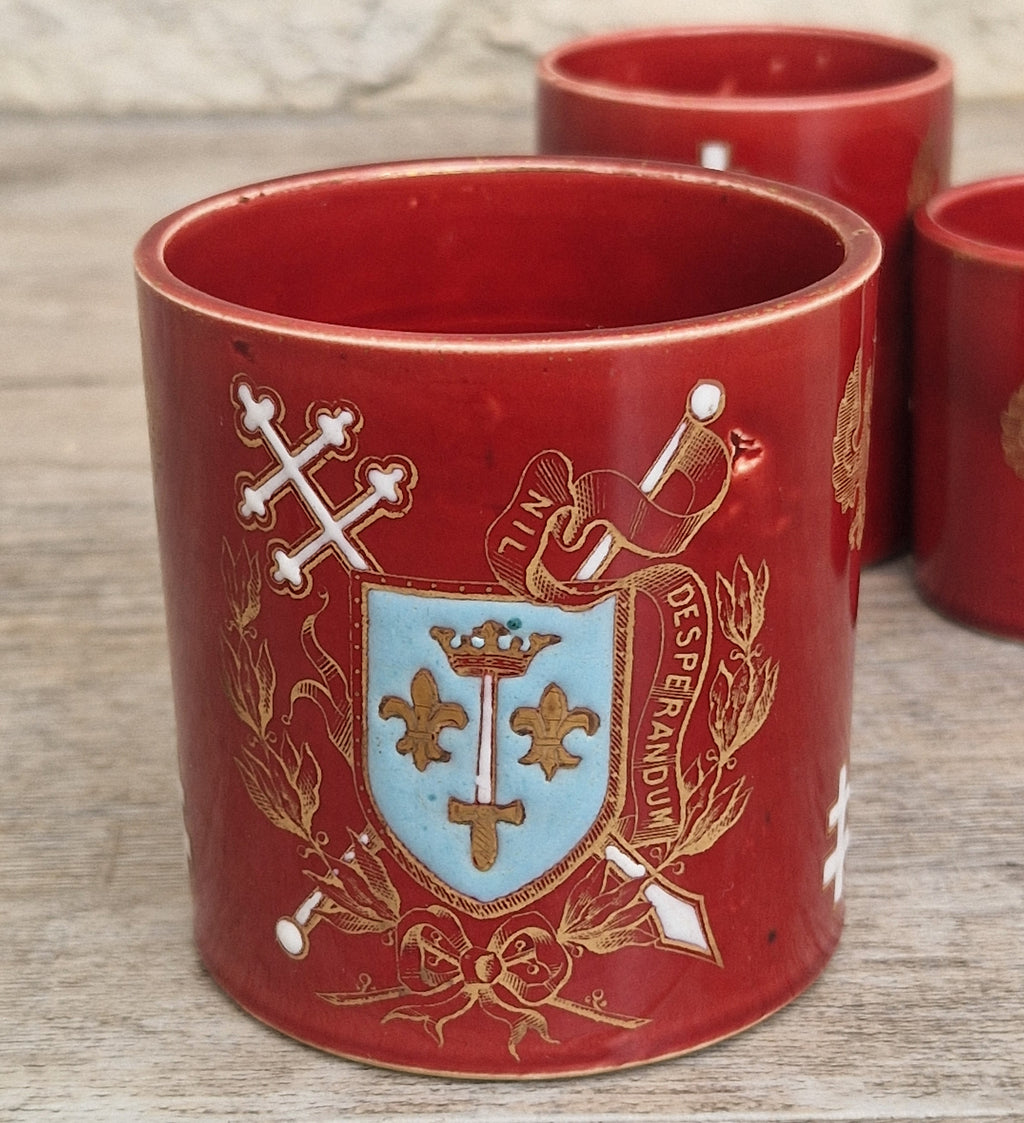 Rare Antique French Lunéville Ceramic Nesting Beakers, Keller & Guérin, Lorraine Heraldry, Nil Desperandum, c.1890 Set