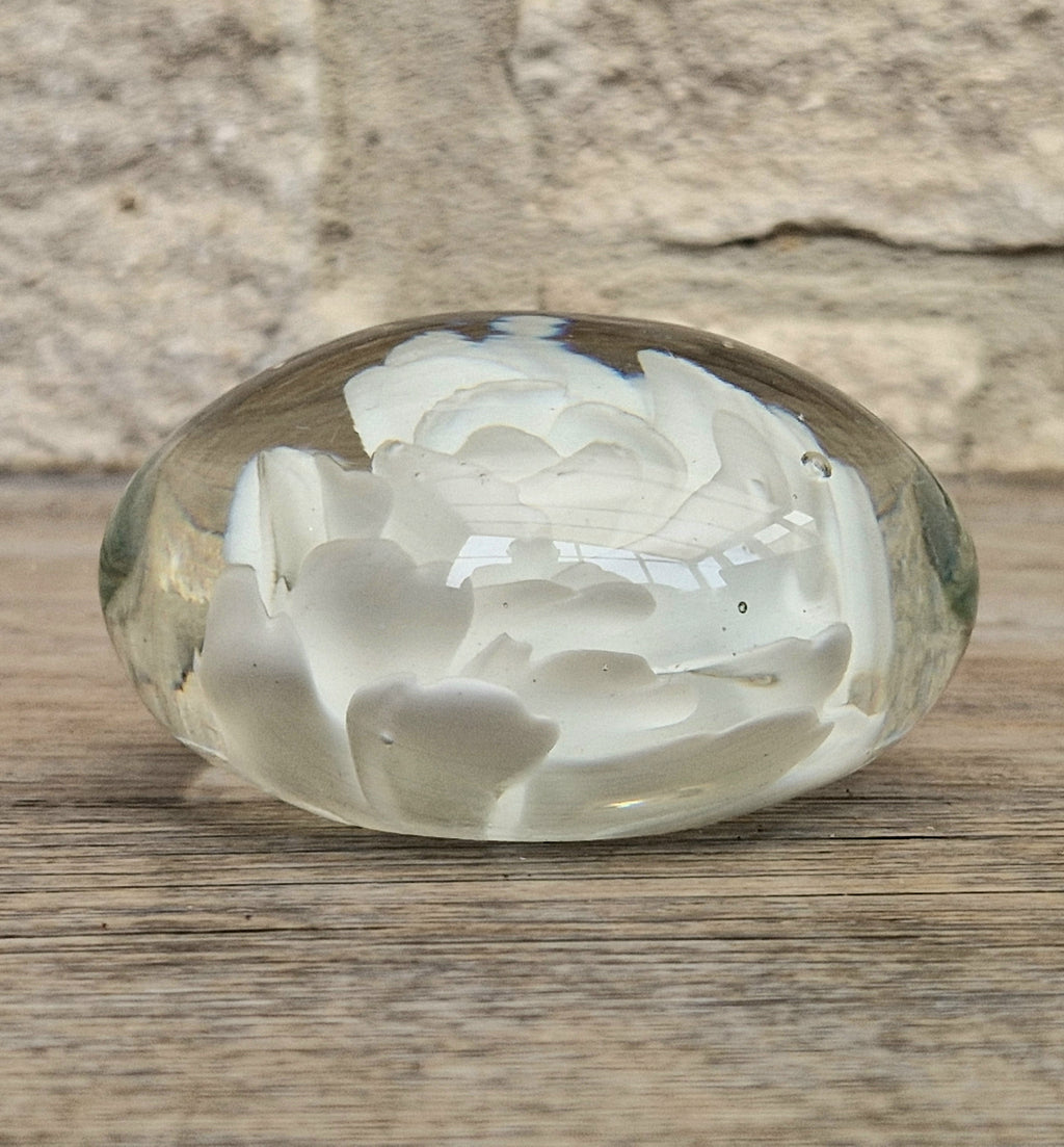 Vintage White Rose Lenticular Glass Paperweight