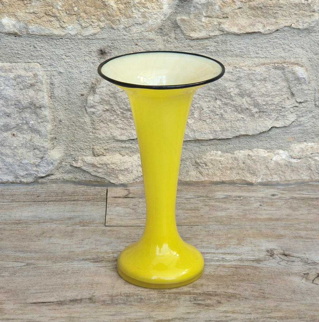 Vintage Bright Yellow Tango Glass Trumpet Vase with Black Rim 16cm