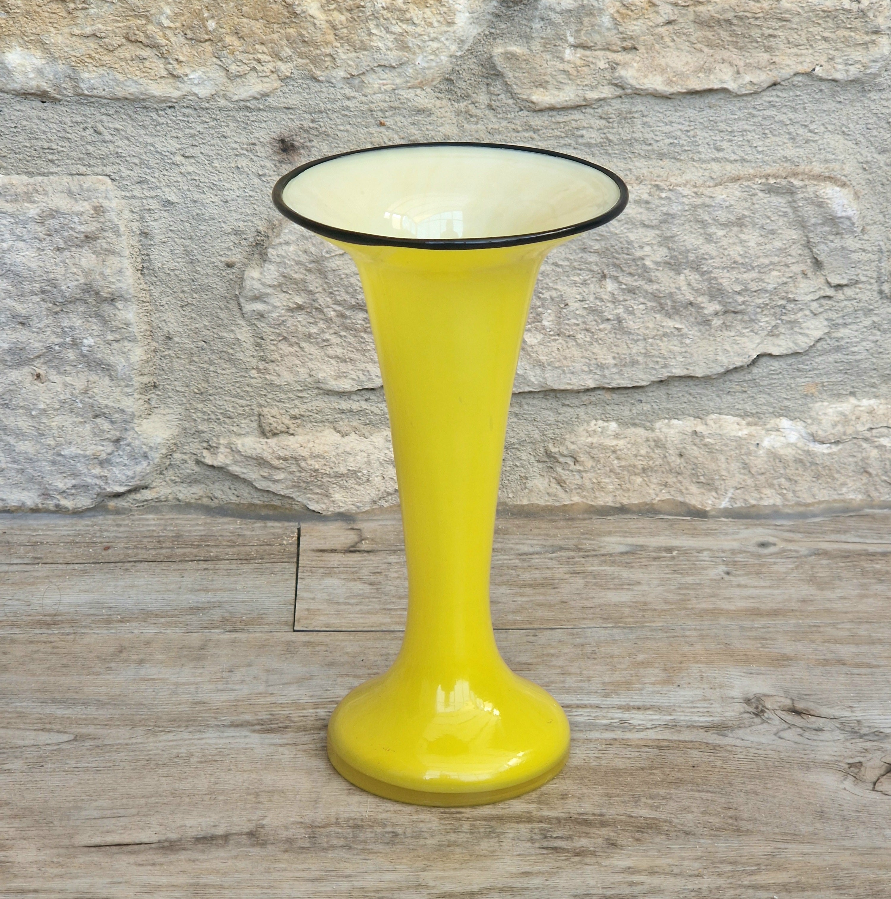 Vintage Bright Yellow Tango Glass Trumpet Vase with Black Rim 16cm