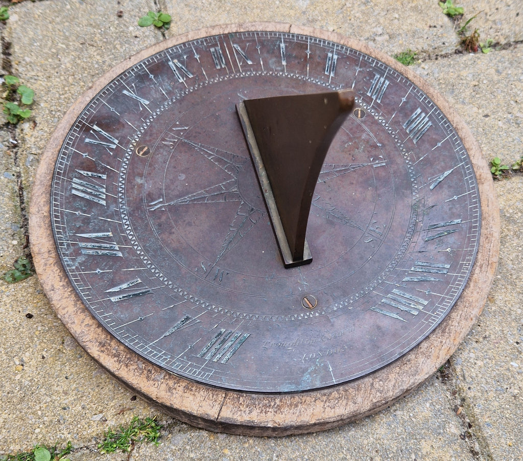 Antique Troughton & Simms London Brass Sundial, Mid-Victorian Horizontal Garden Dial Plate c.1850