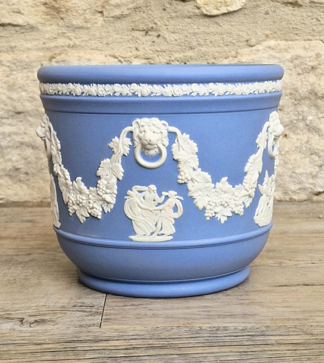 Wedgwood Jasperware Blue & White Neoclassical Sprigged Cachepot Planter Vase