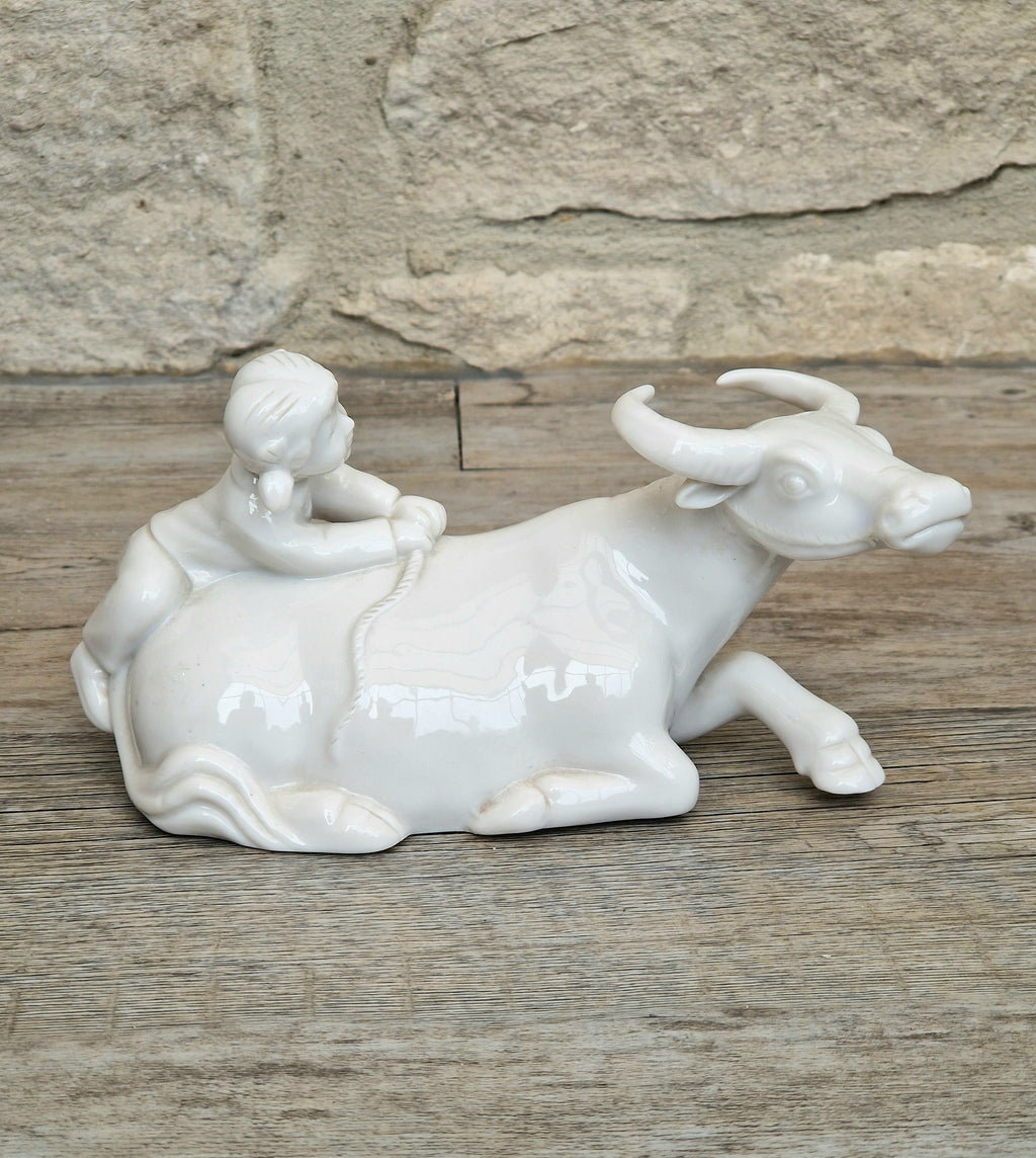 Vintage Chinese Blanc De Chine Porcelain Figurine Girl Riding Water Buffalo Ox Ceramic Home Ornament