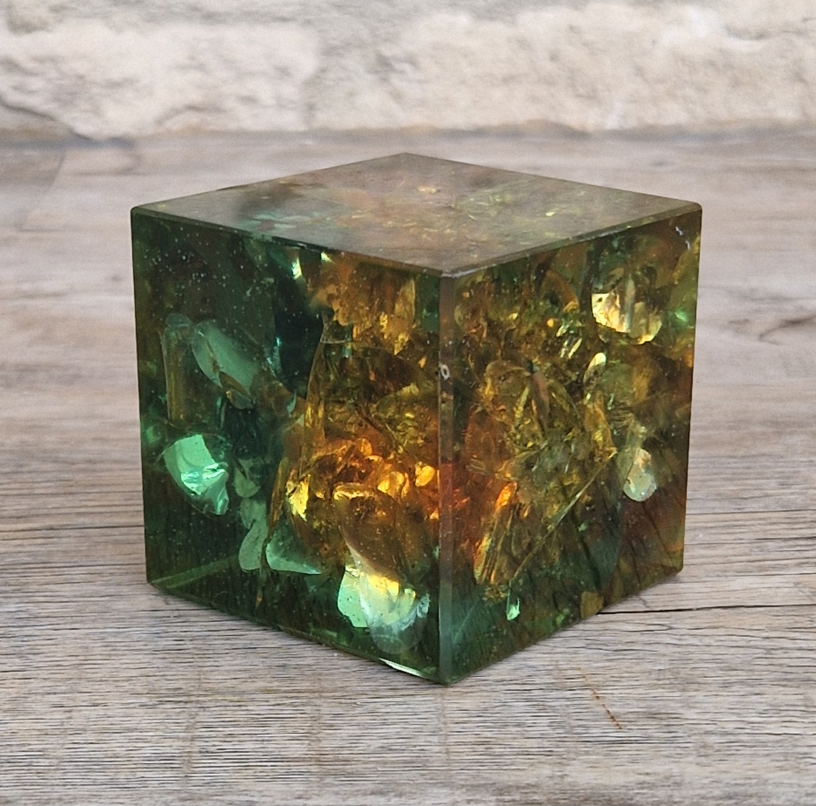 Vintage 1960s Shattaline Resin Cube Paperweight Amber Green Fractured Ice Mid Century Desk Ornament