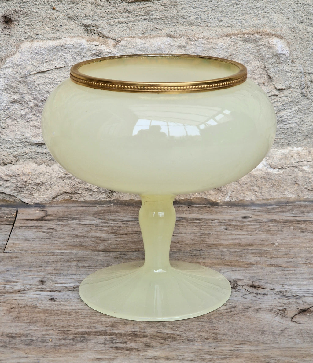 Vintage Italian Opaline Green Glass by Vincenzo Nason 1950s Hand Blown Gilt Rim Pedestal Candy Dish