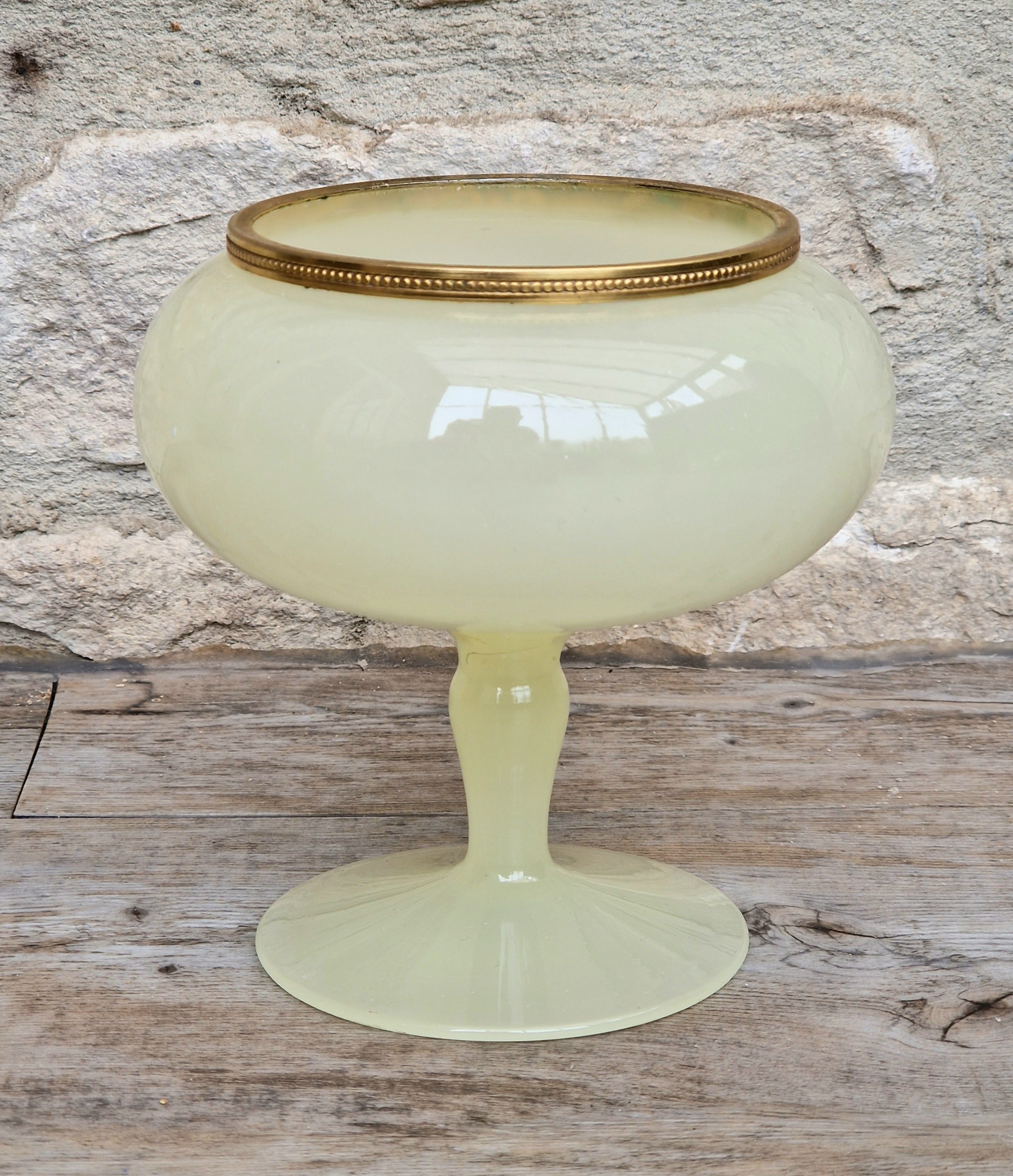 Vintage Italian Opaline Green Glass by Vincenzo Nason 1950s Hand Blown Gilt Rim Pedestal Candy Dish