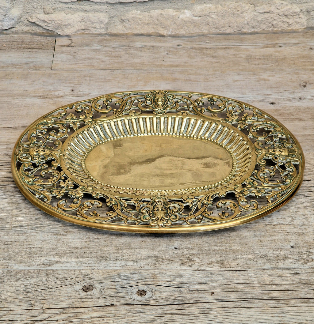 Antique 19thC Baroque Cast Brass Architectural Mount Appliqué Ornate Mascaron Filigree Vanity Card Tray Plate Hand-Tooled Pattern 1018
