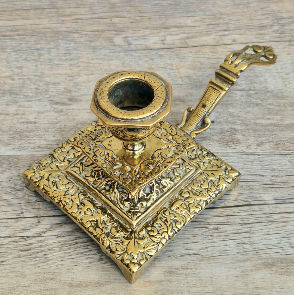 Fine French Antique Rococo Solid Brass Square Tiered Footed Chamberstick