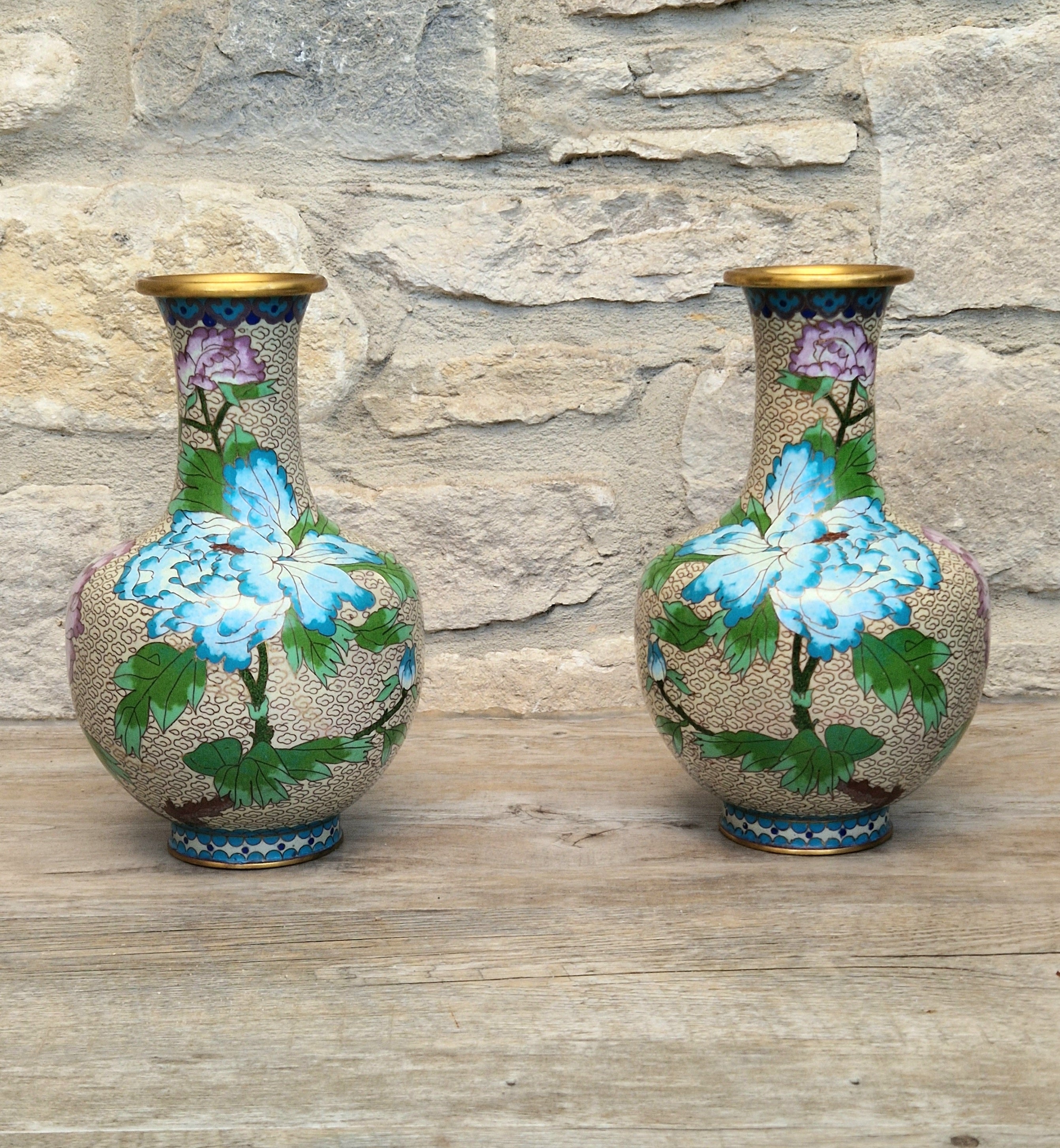 Pair Of Large Cloisonne Mirror Matched Peony Vases Mid 20th Century Exemplary Condition 23cm