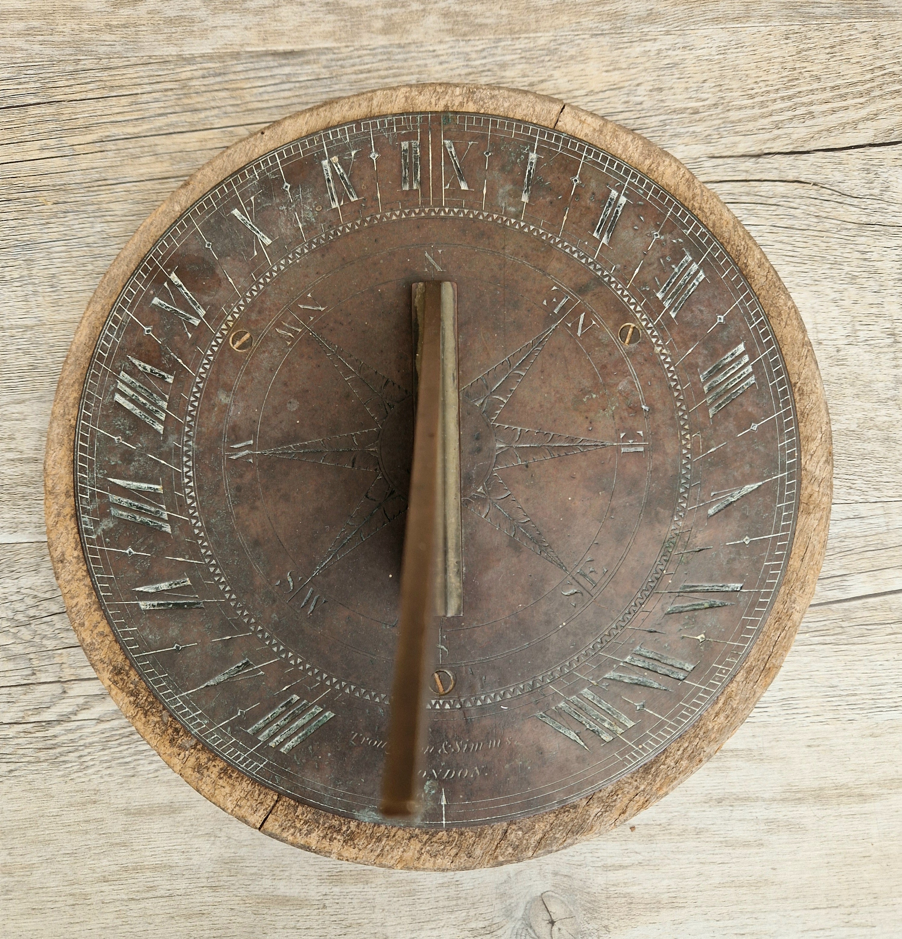 Antique Troughton & Simms London Brass Sundial, Mid-Victorian Horizontal Garden Dial Plate c.1850