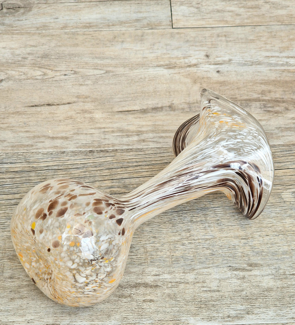 Vintage Art Glass Confetti Vase, Handblown Clear Glass with White, Amber, Brown Flecks, Flared Rim