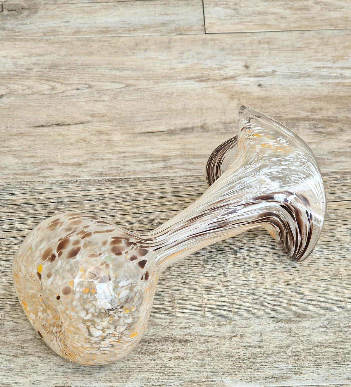 Vintage Art Glass Confetti Vase, Handblown Clear Glass with White, Amber, Brown Flecks, Flared Rim
