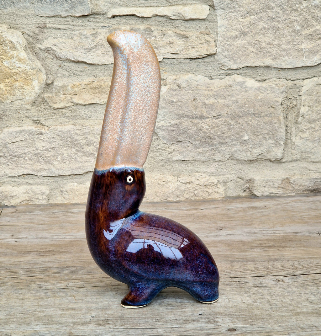 Rare 27cm Vintage Mid Century Ceramic Toucan Sculpture Mottled Treacle Blue Purple Art Pottery Bird