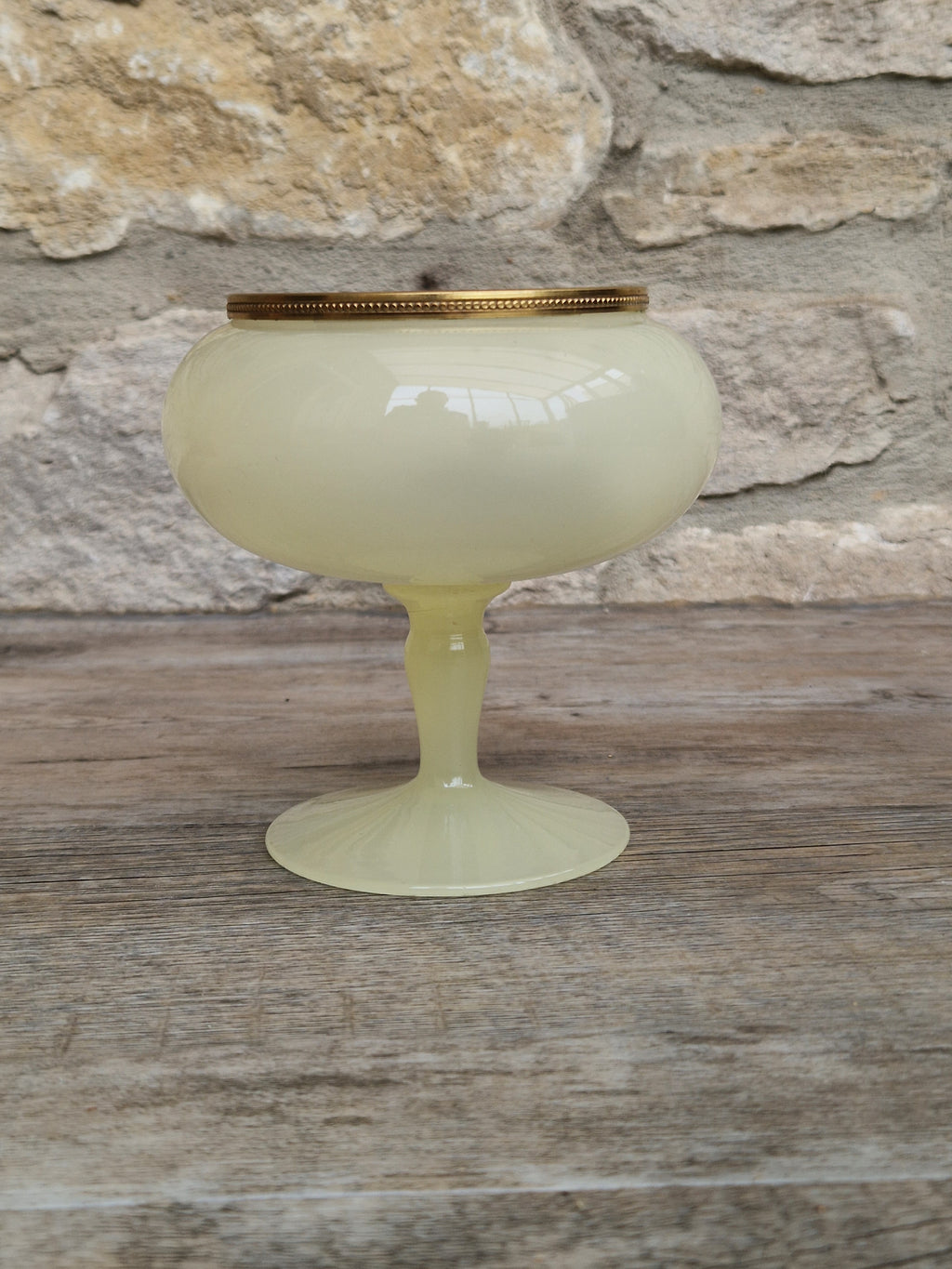 Vintage Italian Opaline Green Glass by Vincenzo Nason 1950s Hand Blown Gilt Rim Pedestal Candy Dish