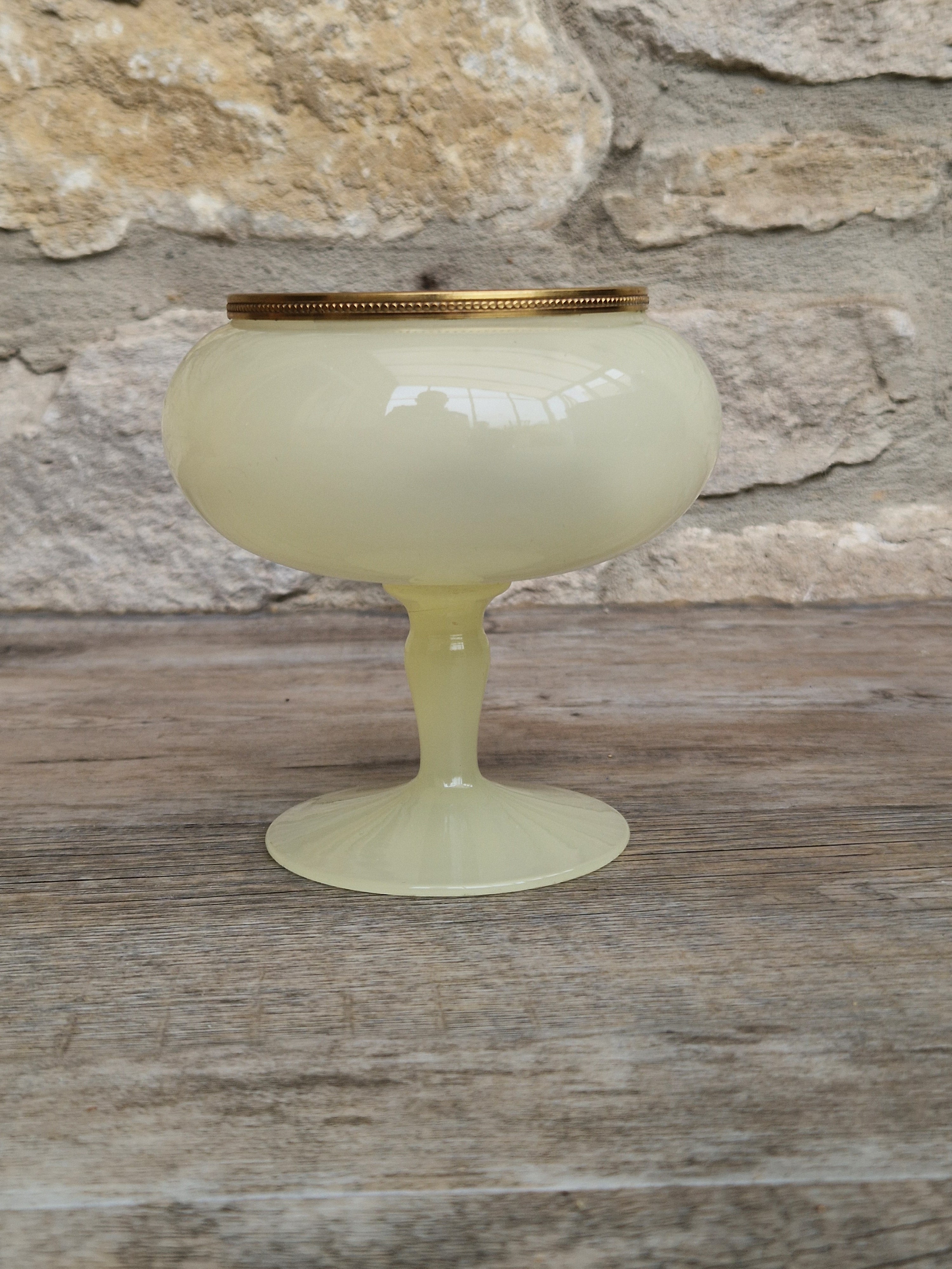 Vintage Italian Opaline Green Glass by Vincenzo Nason 1950s Hand Blown Gilt Rim Pedestal Candy Dish