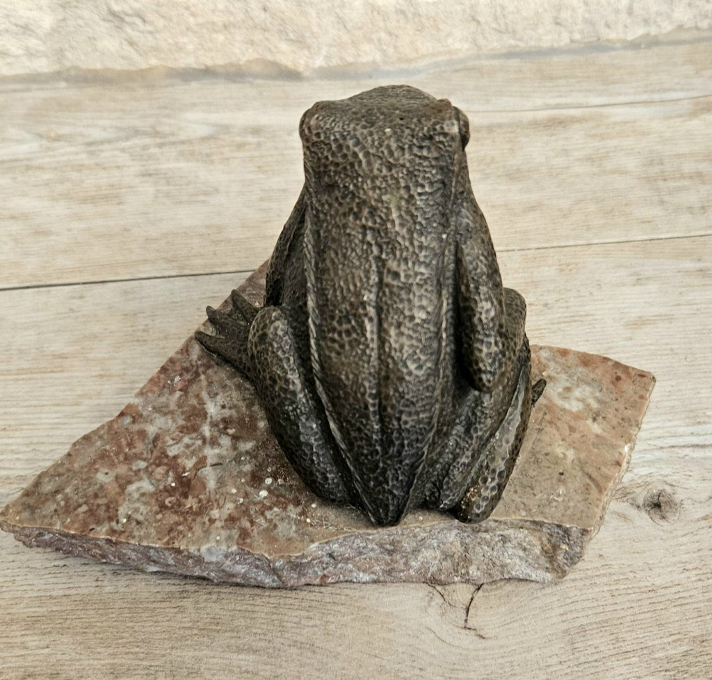 Vintage Metal Toad Figure On Granite Stone Plinth
