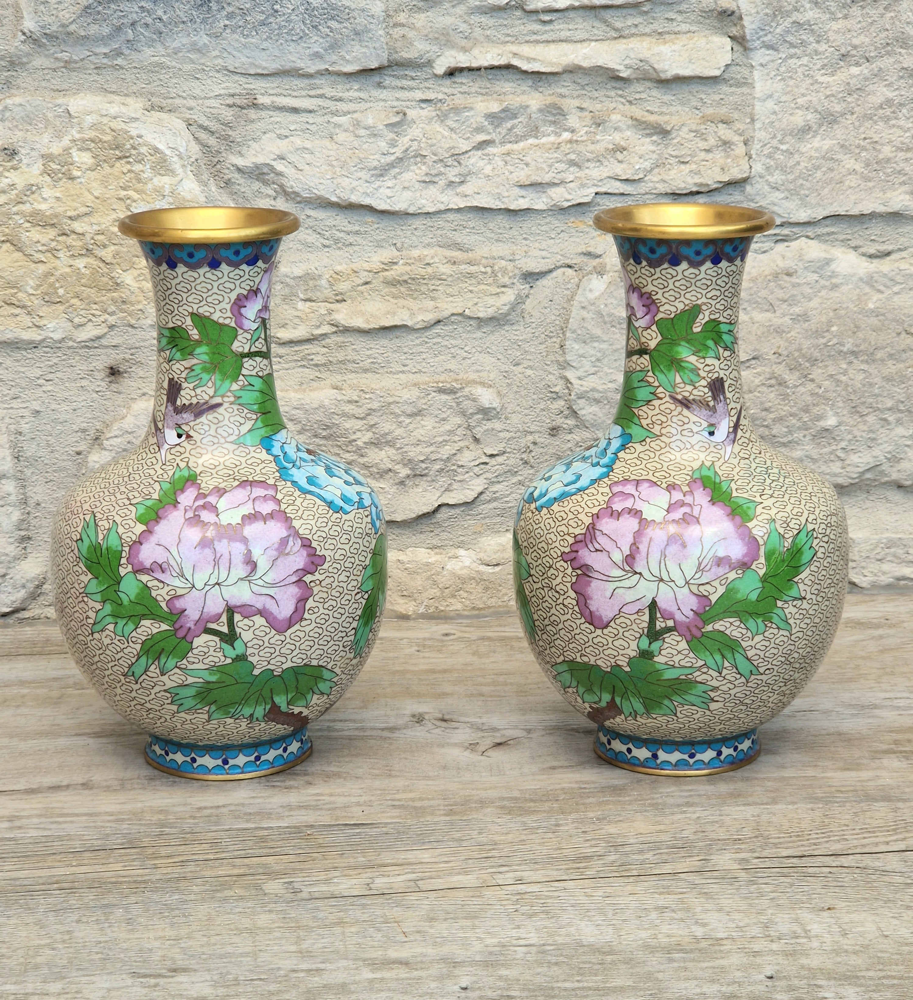 Pair Of Large Cloisonne Mirror Matched Peony Vases Mid 20th Century Exemplary Condition 23cm