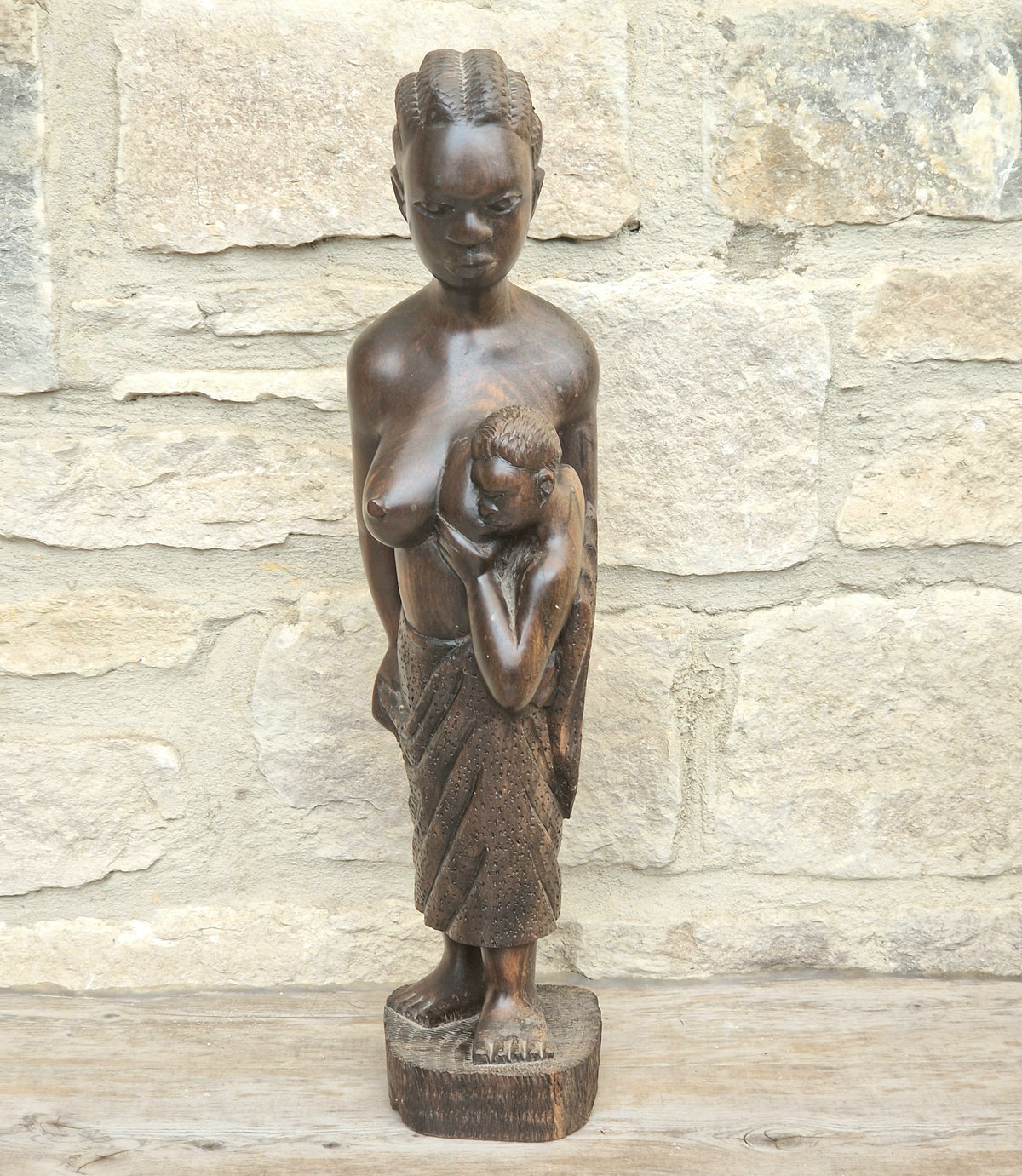 Vintage African Ebony Wood Mother Child Statue Hand Carved Tribal Figurine Boho Ethnic Home Decor