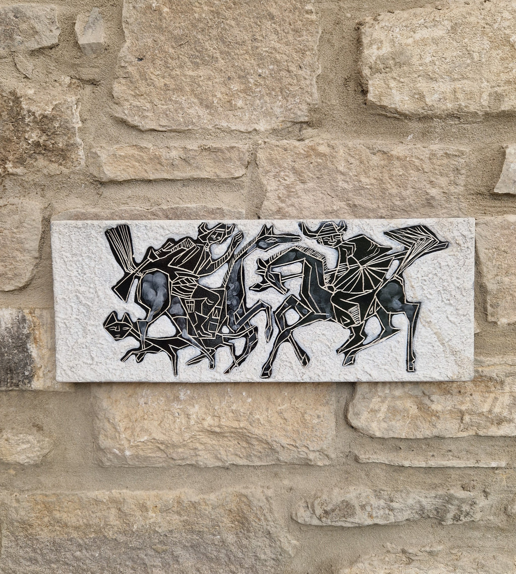 Mid-Century Italian Ceramic Art Plaque Warriors On Horseback Glazed Textured Art