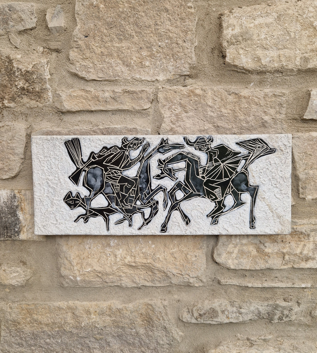 Mid-Century Italian Ceramic Art Plaque Warriors On Horseback Glazed Textured Art