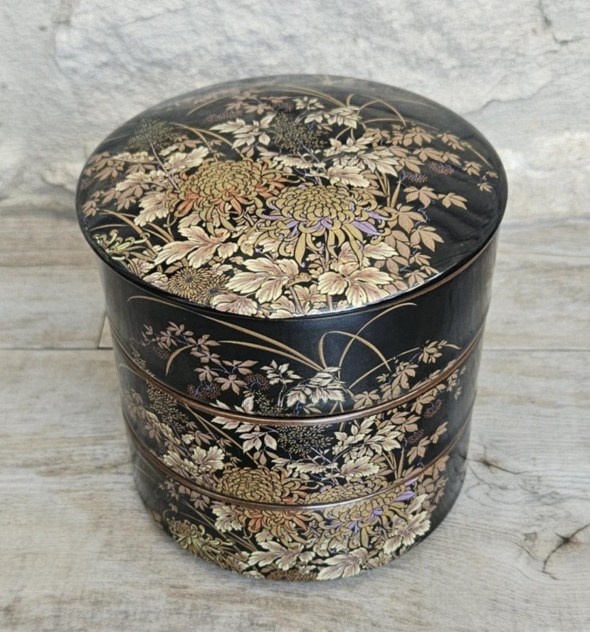 Japanese 3 Tiered Porcelain Lidded Box Butterfly Flowers Shibata Toki Vintage