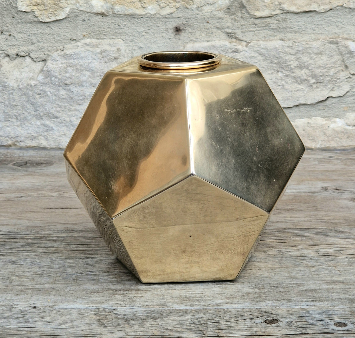Antique Geometric Brass Dodecahedron Vase Secessionist Jugendstil Planter With Copper Removable Insert Liner