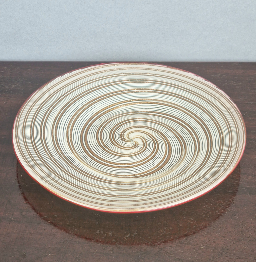 Antique Salviati Murano Glass Plate, Mezza Filigrana, Copper Aventurine, Red Rim, Venetian, c.1860–1872, 17.8cm, Rare Collectable