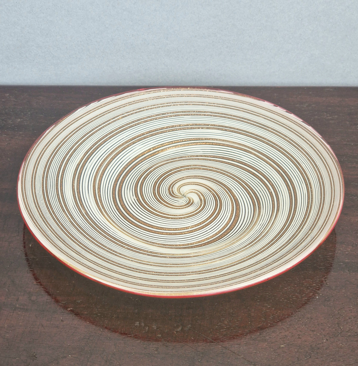 Antique Salviati Murano Glass Plate, Mezza Filigrana, Copper Aventurine, Red Rim, Venetian, c.1860–1872, 17.8cm, Rare Collectable