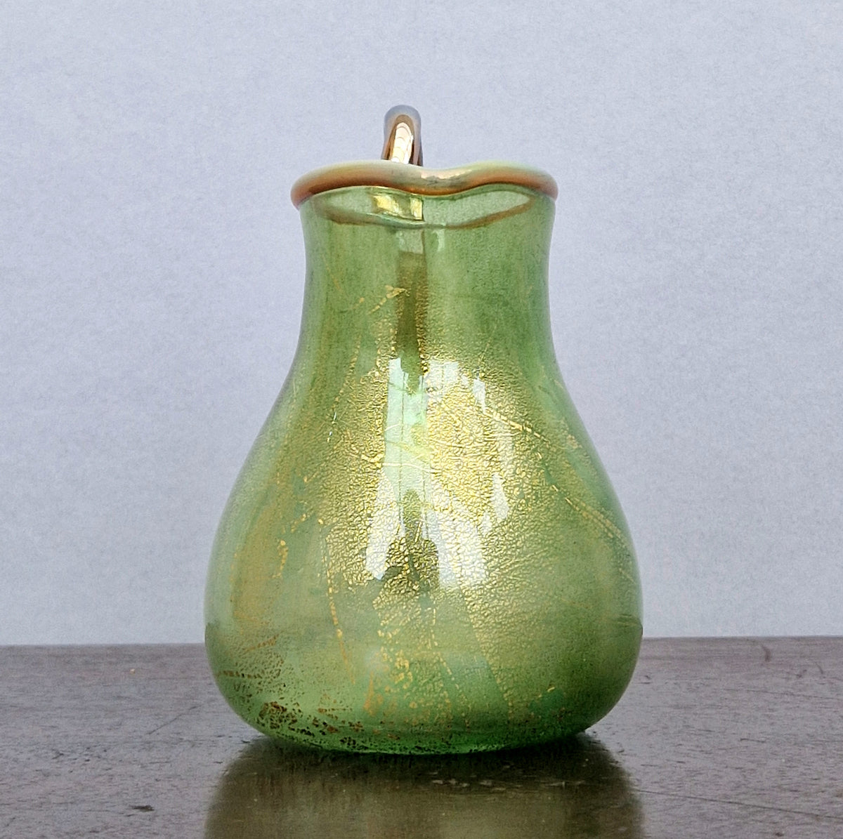 Antique Probable Salviati Dott. Murano Glass Jug, Green Gold Leaf, Venetian c.1875–1890, Handblown 13.5cm Rare