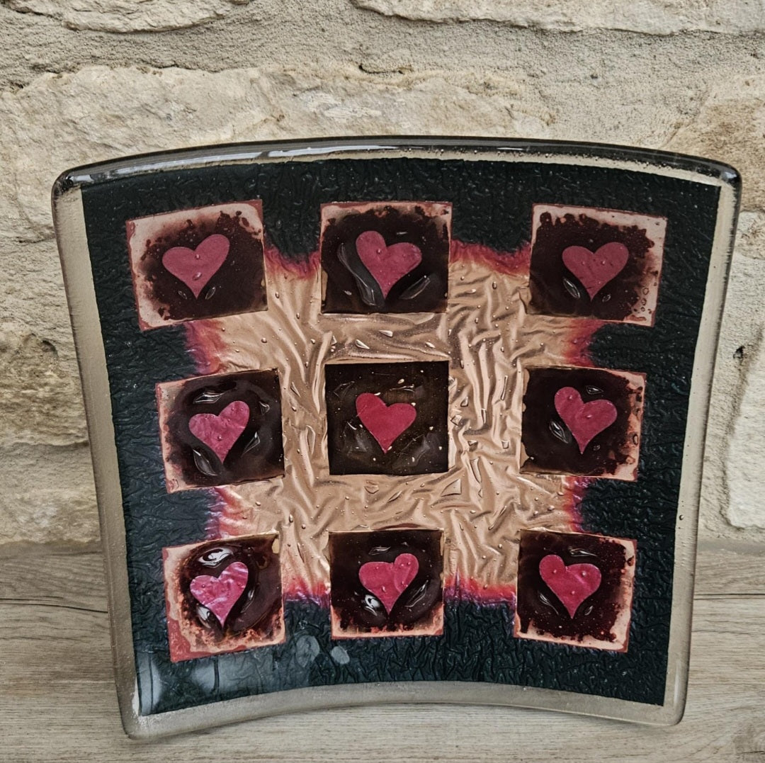 Art Glass Large Love Heart Fused Glass Curved Square Centrepiece 19cm Square