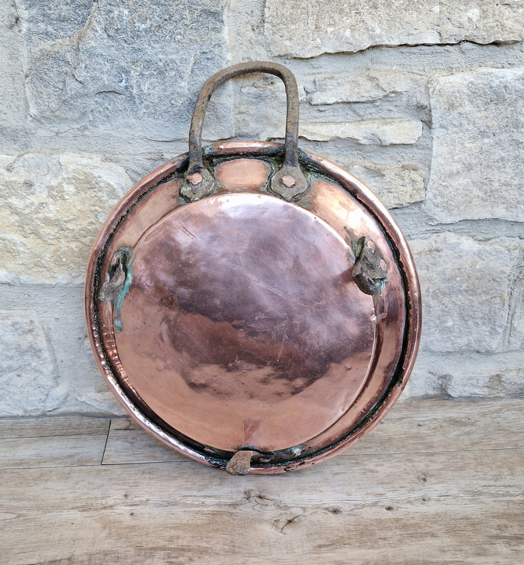 18th - 19th Century Copper & Iron Handle French Tripod Footed Tart Pan Rare Antique Kitchenalia