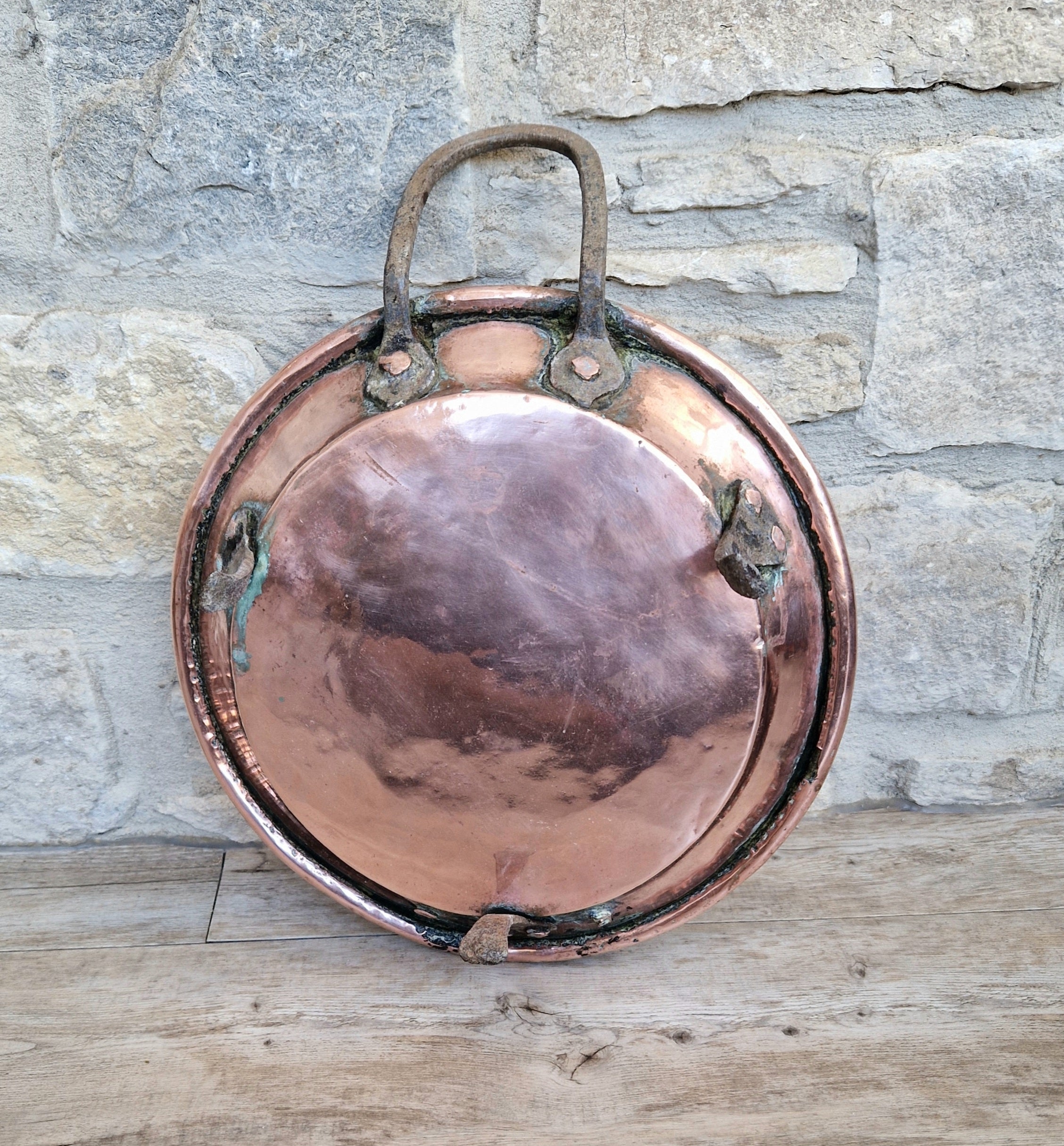 18th - 19th Century Copper & Iron Handle French Tripod Footed Tart Pan Rare Antique Kitchenalia