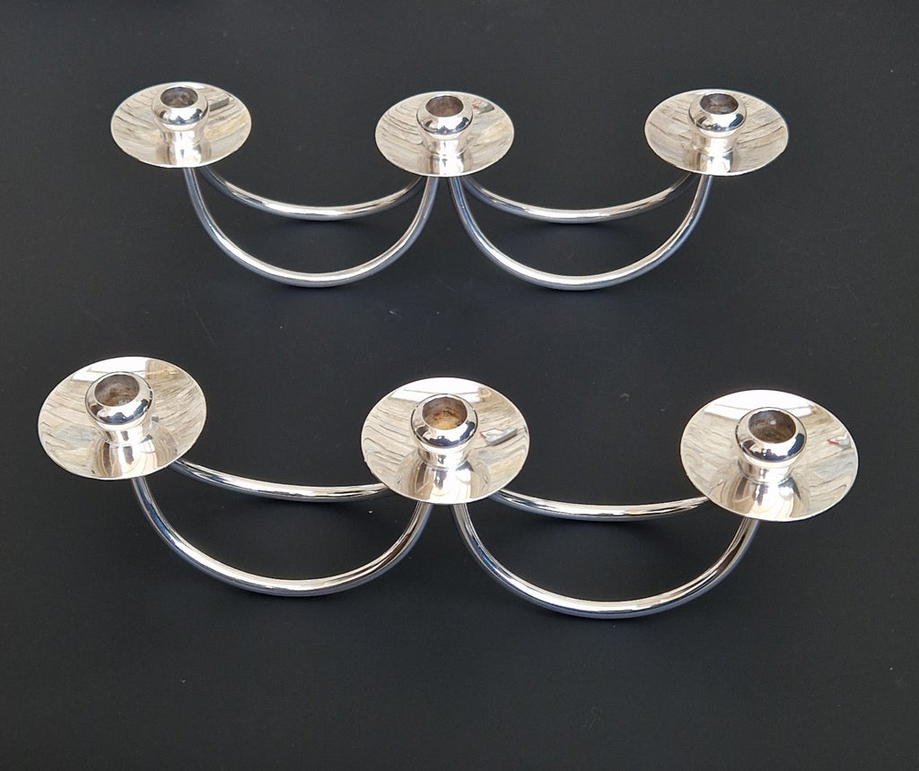 1960's Berg 'Selandia' Danish 3 Branch Minimalist Candelabra Candle Holders x 2