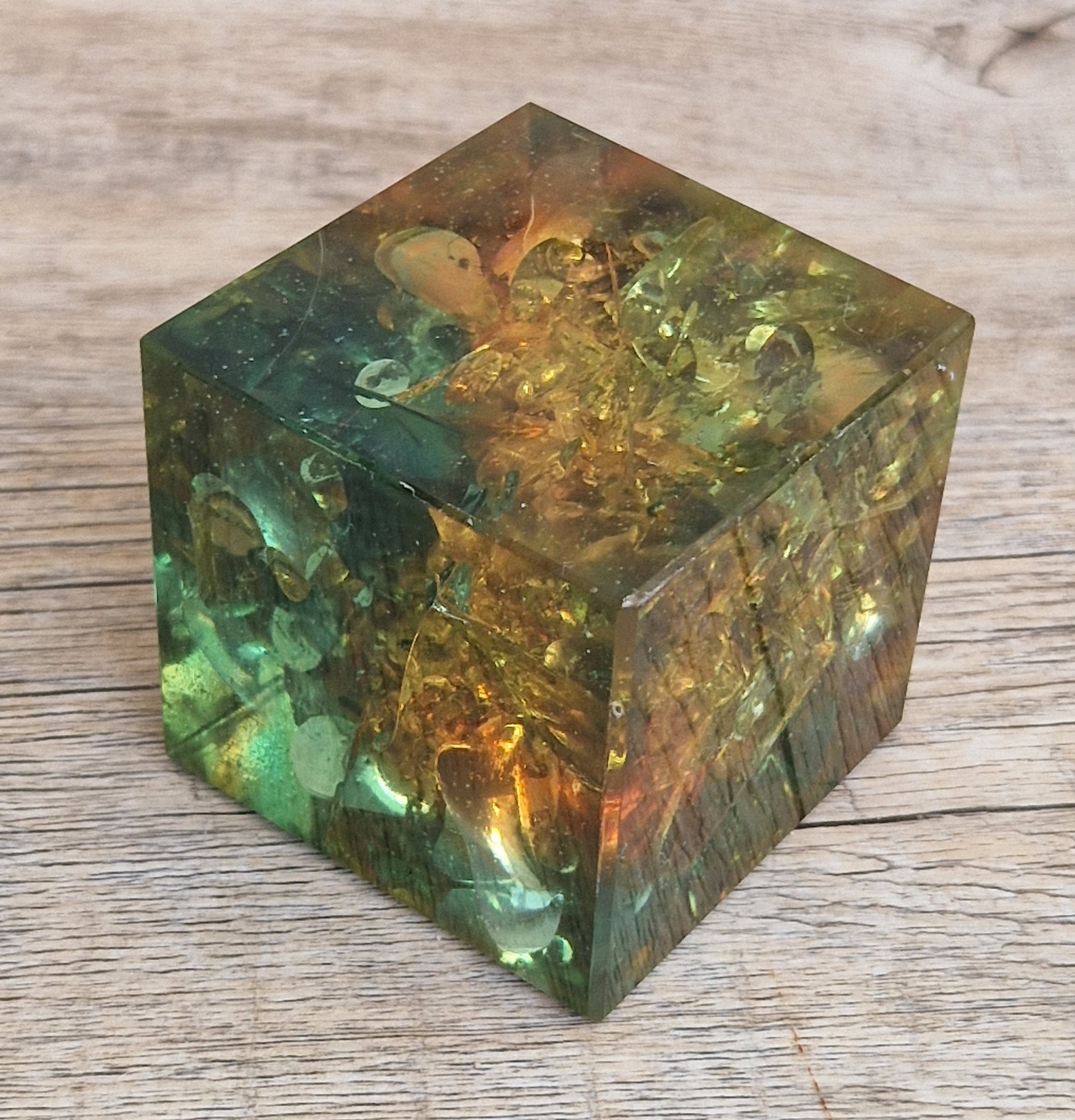 Vintage 1960s Shattaline Resin Cube Paperweight Amber Green Fractured Ice Mid Century Desk Ornament