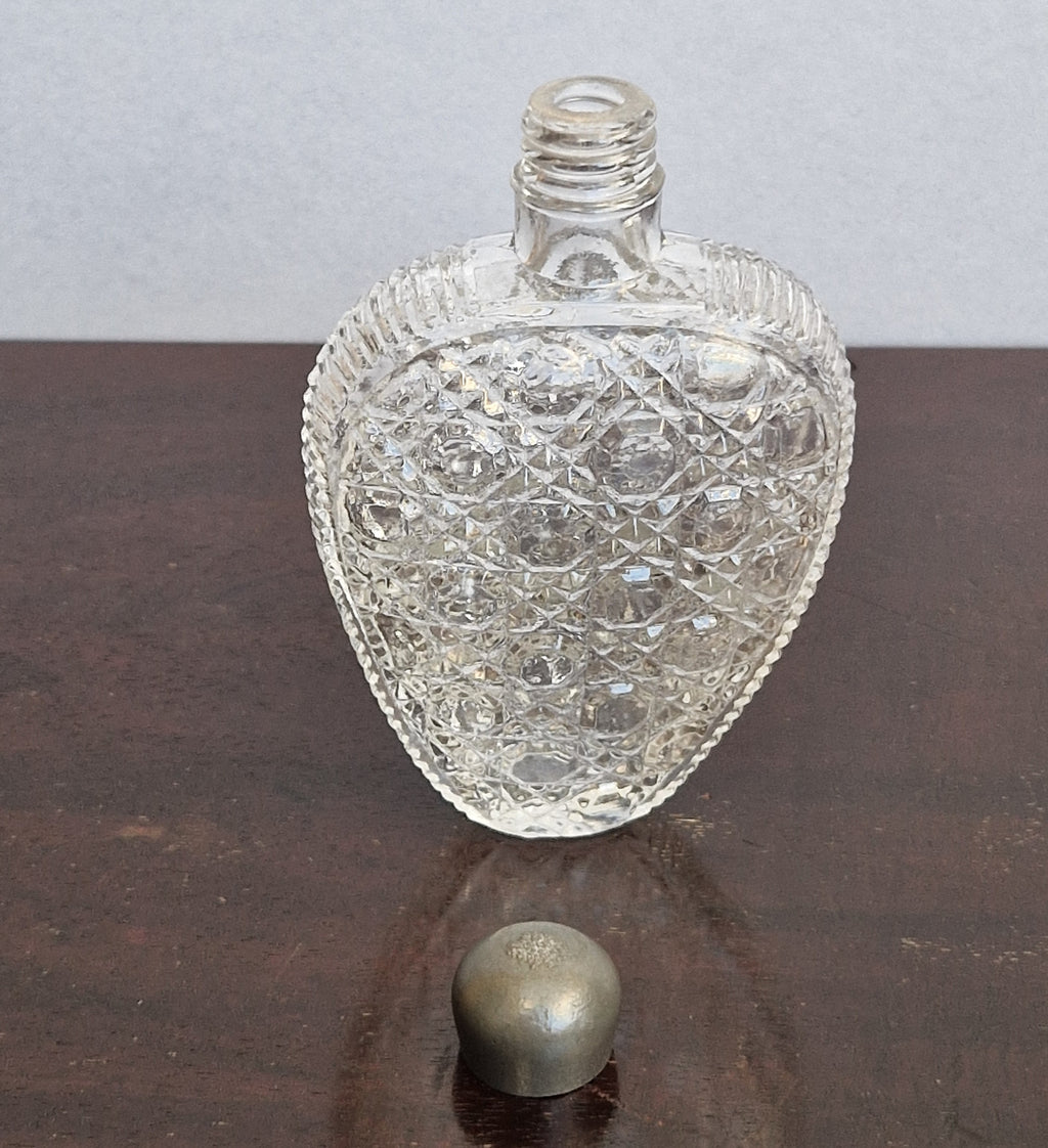 Antique Victorian Pressed Glass Heart Perfume Bottle Pocket Scent Flask Original Cap