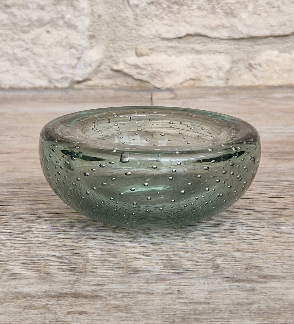Vintage Whitefriars Sea Green Controlled Bubble Glass Bowl 9099 Mid Century Bullicante Dish