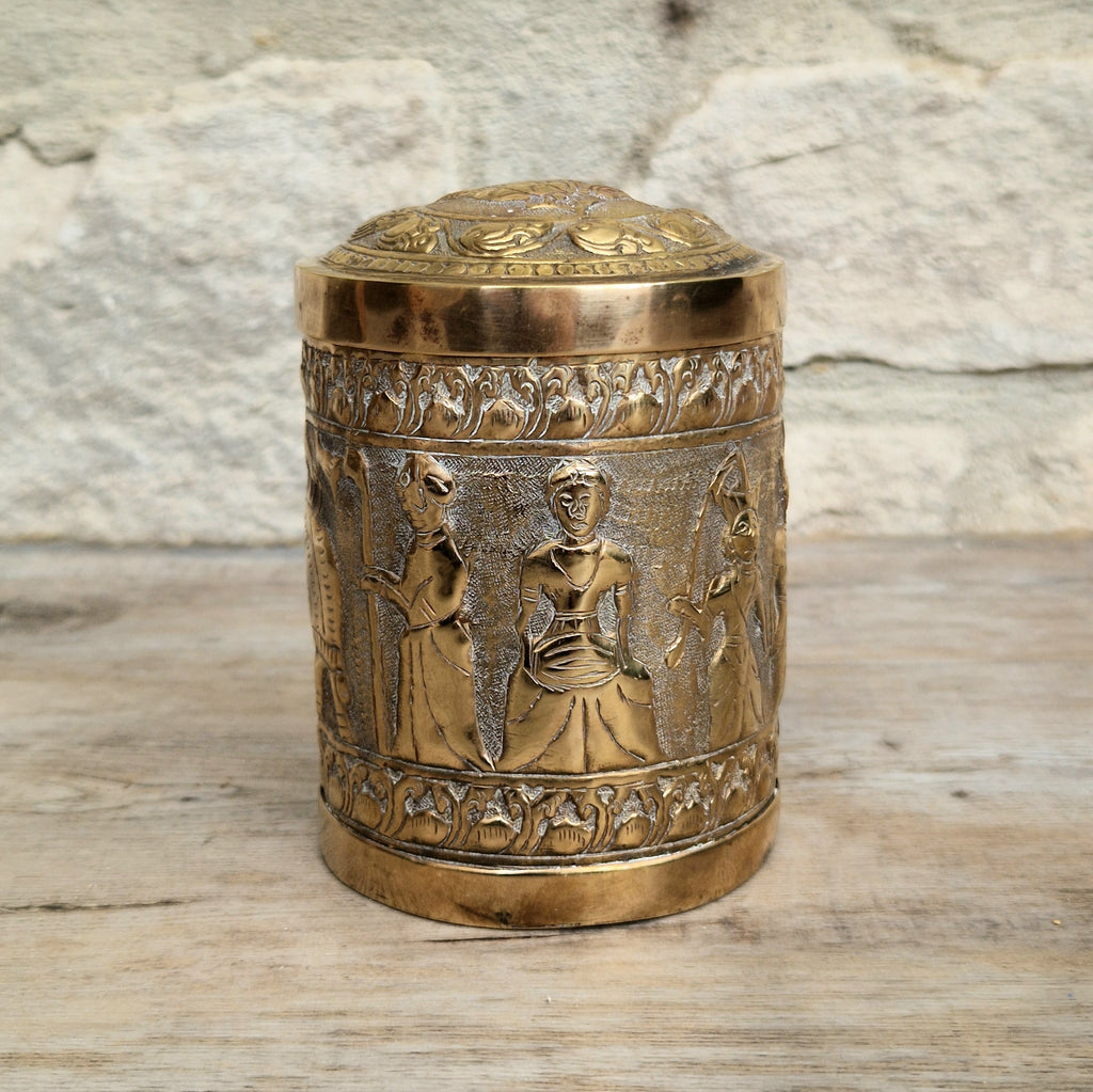 19th Century Brass Rapousse Betel Nut Lidded Decorative Canister