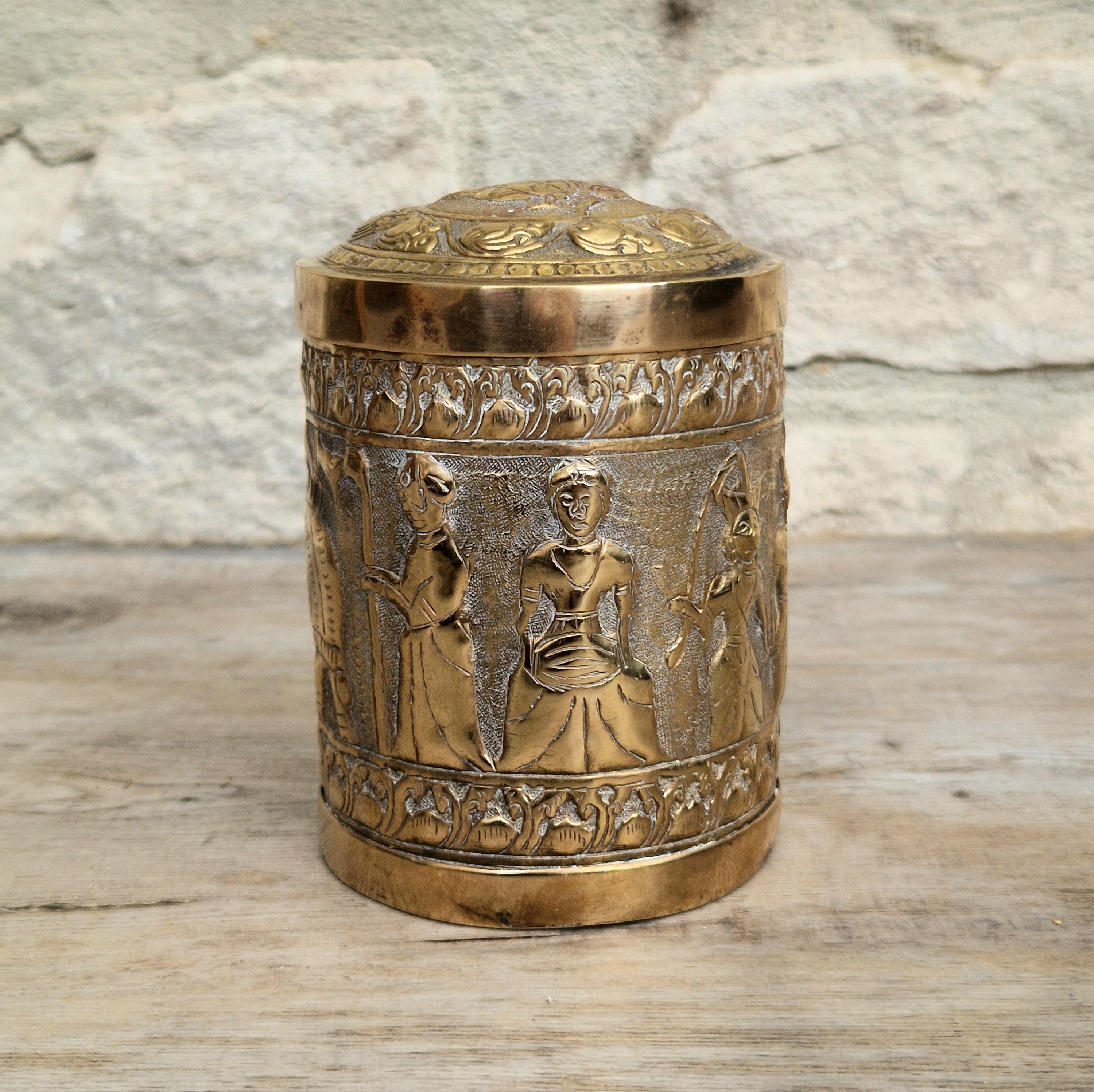 19th Century Brass Rapousse Betel Nut Lidded Decorative Canister