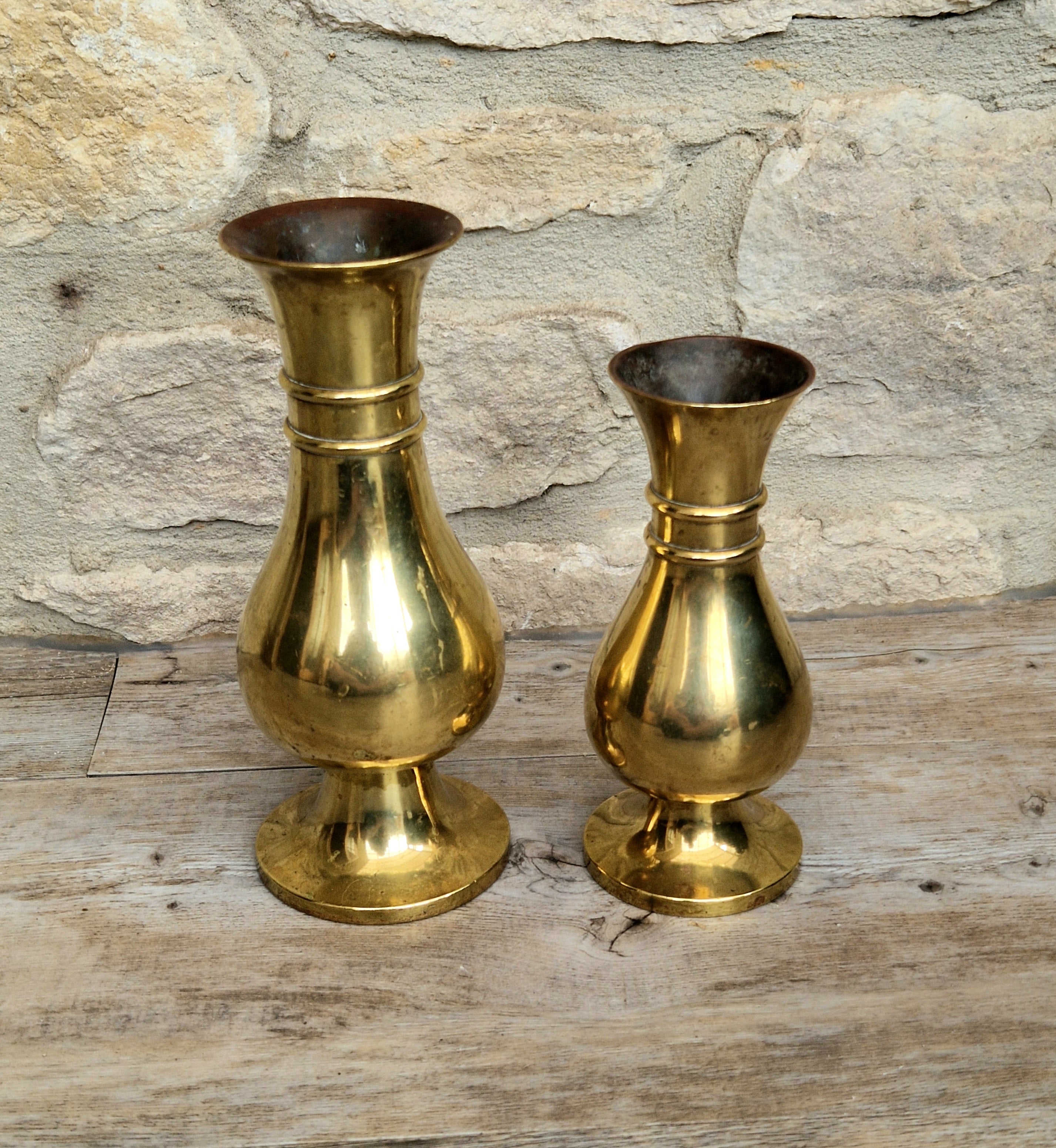 Antique Brass Altar Vases Flared Rim Heavy Pedestal Ecclesiastical Decor Early 20th C.