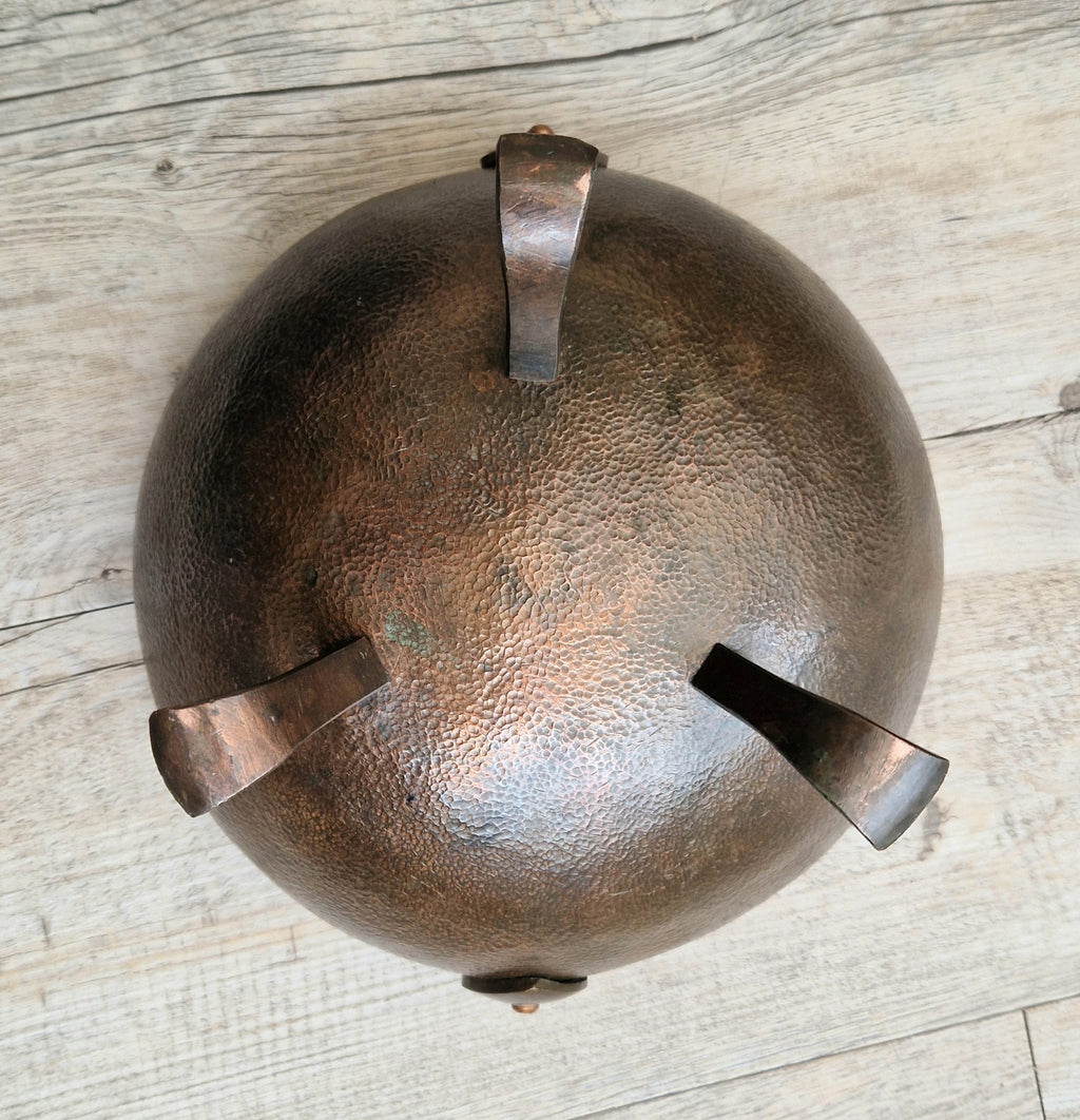 Antique Arts & Crafts Hand Beaten Solid Copper Brass Handled Tri-Foot Planter Bowl c.1890-1900's