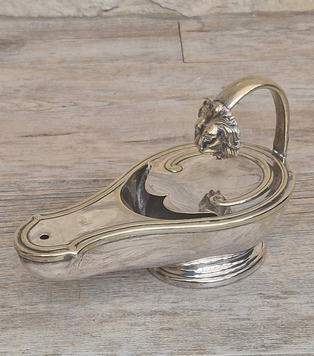 Antique Victorian Silver Plated Spoon Warmer Brass Oil Lamp Style Lion Mask Handle