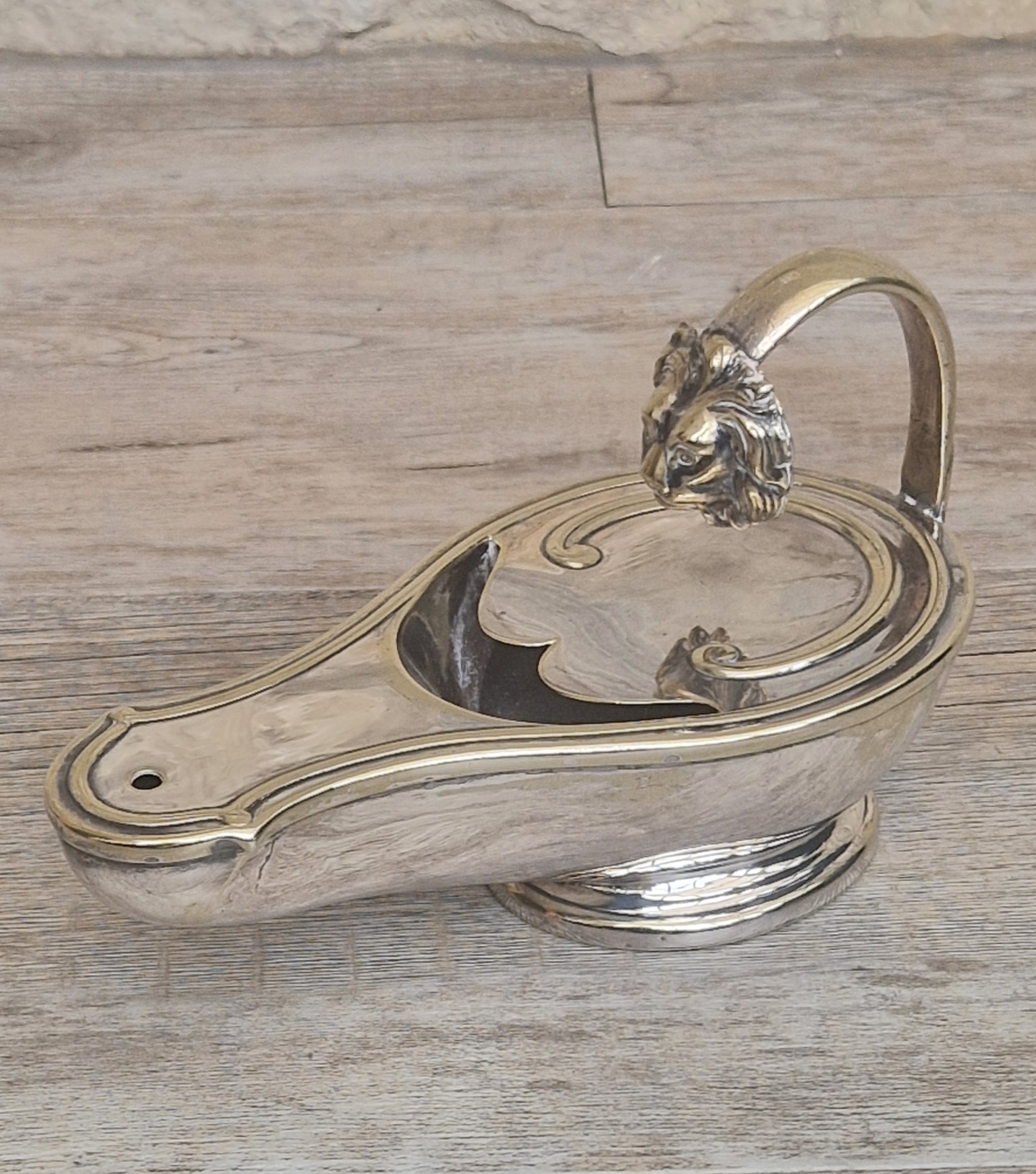 Antique Victorian Silver Plated Spoon Warmer Brass Oil Lamp Style Lion Mask Handle