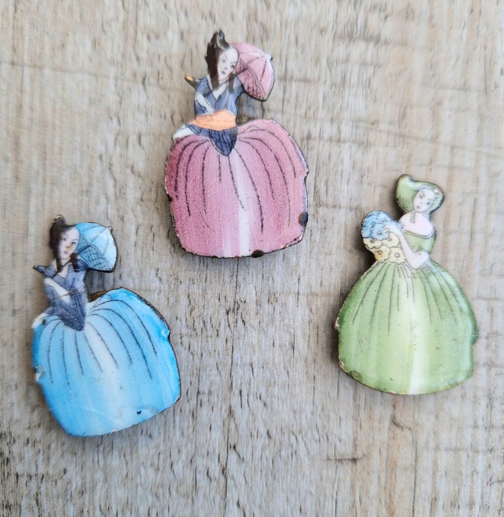 3 x Antique Art Deco Enamelled Brass Ladies Name Place Menu Holder Clips