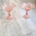 Vintage Pink Satin Glass Hobnail Pedestal Sundae Dessert Glasses Set of 2 Retro Dishes