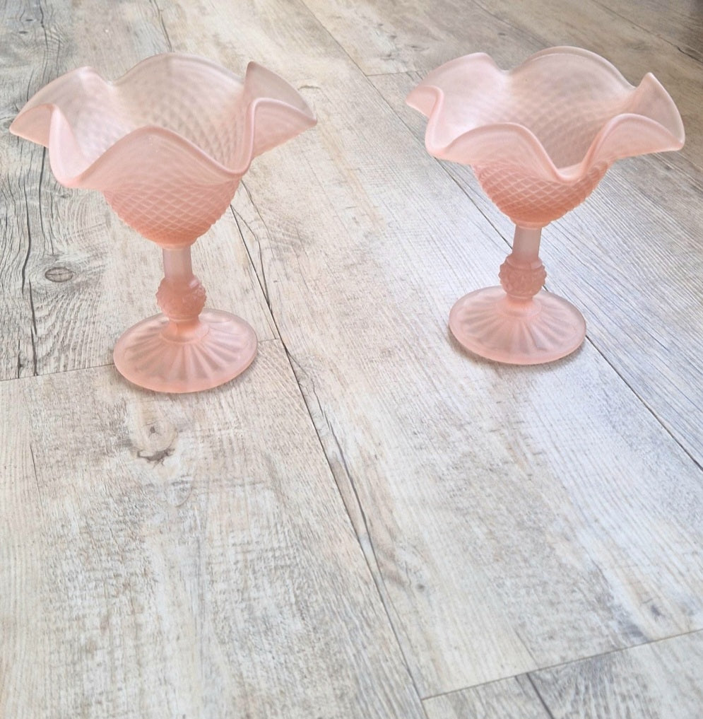 Vintage Pink Satin Glass Hobnail Pedestal Sundae Dessert Glasses Set of 2 Retro Dishes